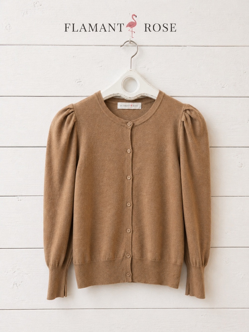 FLAMANT ROSE Camel Puff Sleeve Button Down Cardigan S